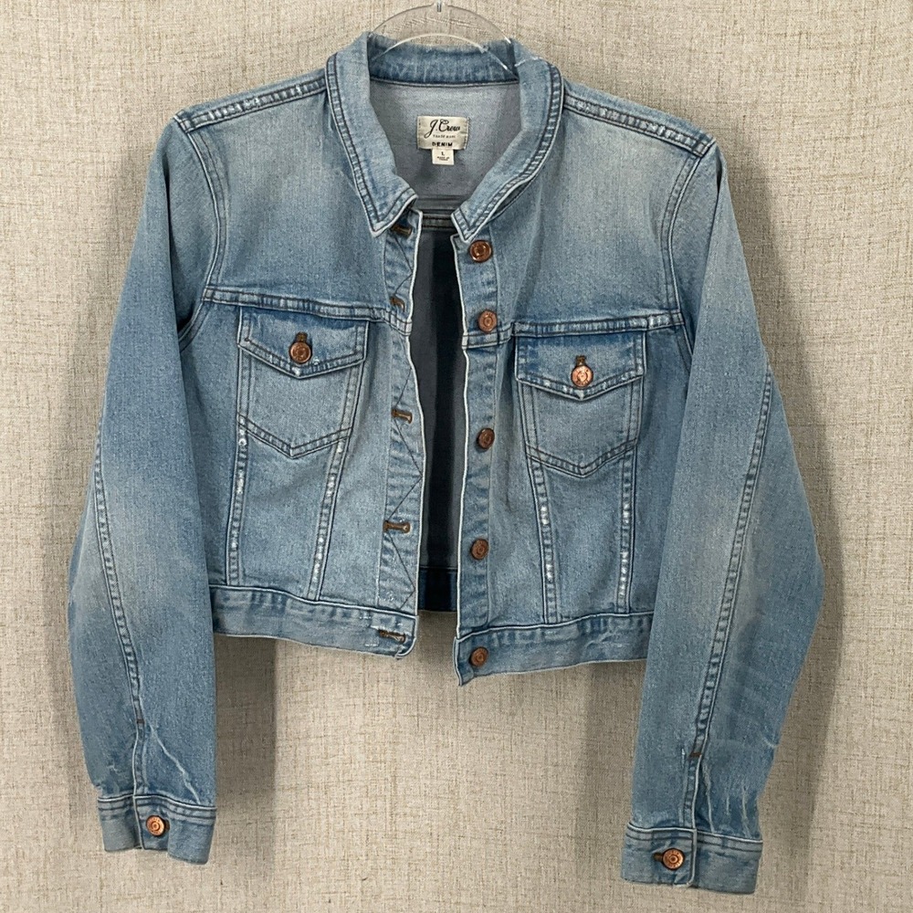 J.Crew Denim Jacket Women L Blue Cropped Trucker Classic Boho Minimalist